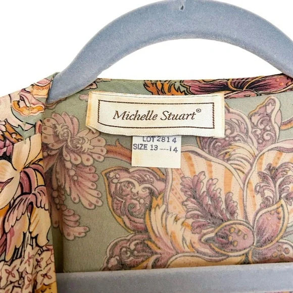 Michelle Stuart Vintage Long Sleeve Floral Button Fit Flare Ruffle Dress Green - Picture 6 of 6